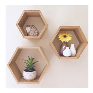 Caja de madera flotante para sombra, estante de pared hexagonal para pino