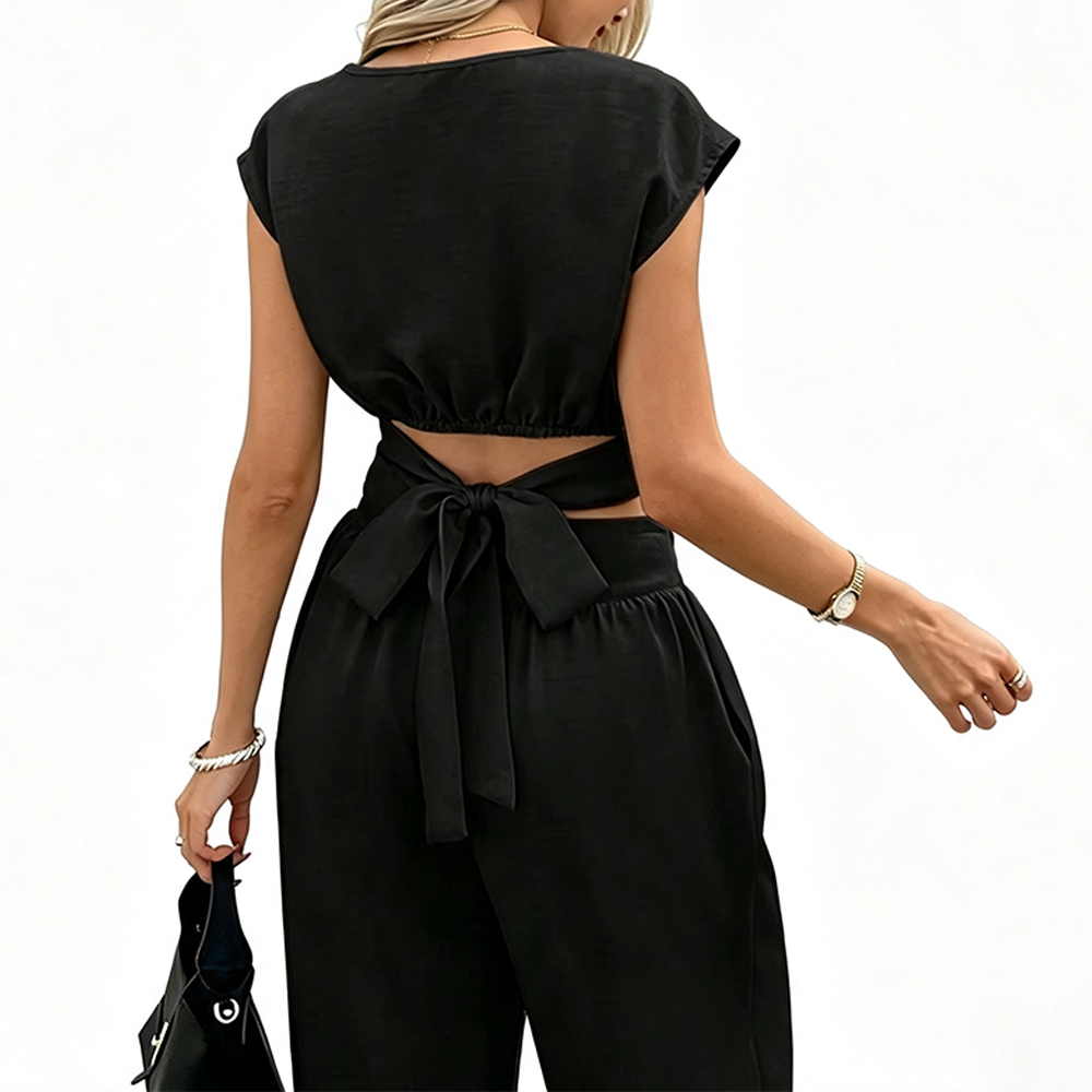 Custom Women Regular Fit Two Piece Outfit Cap Sleeve Crop Top Back Tie Cutout High Waist Wide Leg Pants Ladies Daily Casual Set · image 2