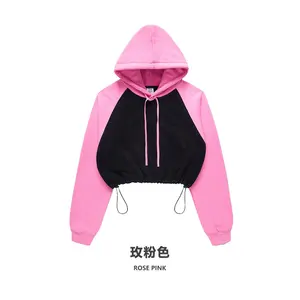 YHH-150 OEM yüksek kalite % 100% pamuk kontrast Raglan daralan kısa kapüşonlu süveter baharatlı kızlar moda marka kadınlar için Hoodie