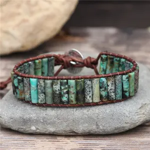 Boho Tube Beads Natural Stone African Turquoise Single Layer Leather Wrap Bracelet Handmade Gemstone Cuff Bracelet Wholesale