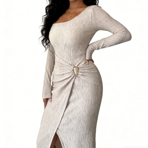 <span class=keywords><strong>Vestido</strong></span> Maxi Ajustado <span class=keywords><strong>de</strong></span> Mujer con Textura Acanalada - Elegante <span class=keywords><strong>Vestido</strong></span> Largo con Mangas Largas, Abertura Lateral y Detalle <span class=keywords><strong>de</strong></span> Nudo, Moda Sehe - Product Image 6