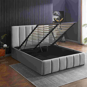 Cadre de lit moderne double/king size avec tête de lit rembourrée en tissu et rangement en bois, mobilier de chambre à coucher - Product Image 2