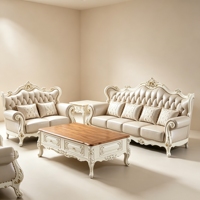 Europäisches Klassisches Geschnitztes Massivholz-Sofa-Set Luxuriöses Echtleder Wohnzimmer Villa Heim-Möbel Sofa