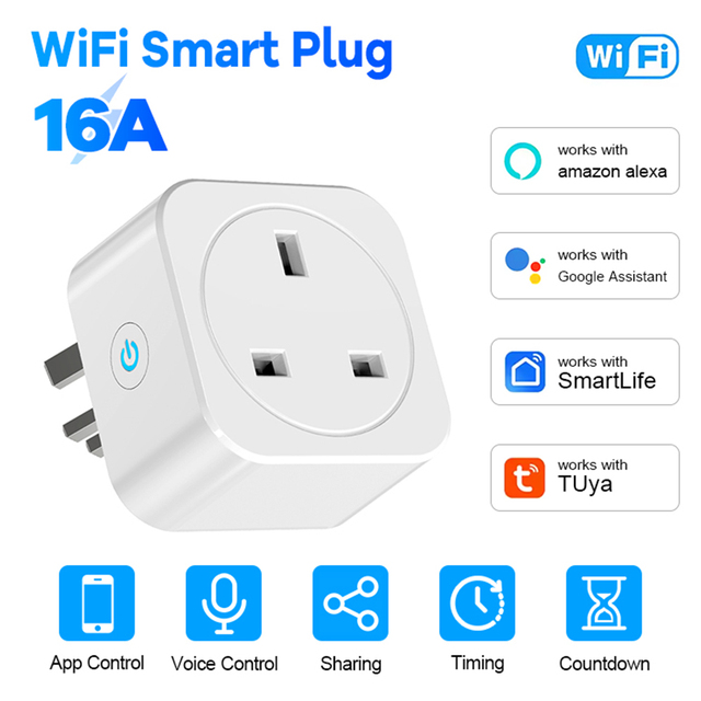 Tuya UK Plastic Smart Plug 16A 20A WiFi Socket Power Monitoring Remote Control Timer Works Alexa Google Assistant Voice Control