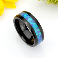 Vente en gros de mariage en tungstène, bague incrustée d'opale plaquée noire IP de 4mm 6mm 8mm pour hommes et femmes, bijoux de fiançailles unisexe
