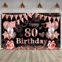 Bannière de décoration de fête d'anniversaire, taille facultative, thème ballon noir et rose, 80e anniversaire, fond de fête, décorations de fête portables