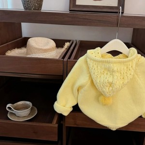 Tongxingyuan <b>Girls</b> Yellow Hooded Knitted <b>Cardigan</b> Thickening With Pom Poms Single Breasted Coat Outwear - Product Image 3
