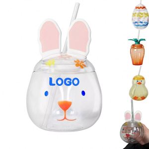 Vaso de Agua Personalizado con Logotipo, PET 500ml, Reutilizable, Portátil, Transparente, con Diseño de Conejo, Rábano, Huevo de Pascua y Pato, con Tapa y Pajita, para Fiestas - Product Image 1