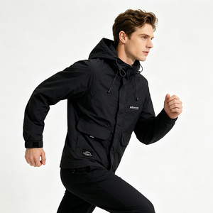 Men's Outdoor Functional Hooded Windbreaker Water Repellent Cotton Nylon Blend Breathable Oversized Jacket for Hiking Camping
