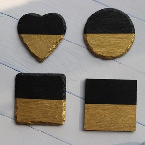 Sous-verres en <span class=keywords><strong>ardoise</strong></span> naturelle 10x10 cm, carrés et ronds, avec revêtement doré, promotion Europe-Amérique - Product Image 1