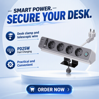 Bloc multiprise de bureau EU PD25W à fixation par pince, station de charge rapide 4 prises, 2 ports USB-C et USB-A avec câble d'extension pour usage au bureau
