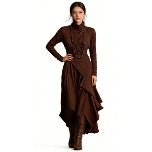 Vestido largo maxi de cuello alto para mujer, de manga larga, con volantes asimétricos, ajustado al cuerpo, a la moda - Product Image 5