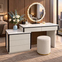 Coiffeuse blanche avec miroir rond éclairé et armoire de rangement latérale, ensemble de maquillage pour chambre à coucher et dressing féminin