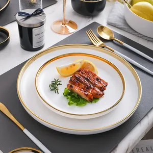 Готов к отправке, популярная керамическая Скандинавская тарелка с золотым ободком, столовые тарелки, наборы посуды