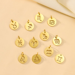Simple 18K PVD or signe du zodiaque en acier inoxydable pendentif à breloque trou supérieur 12mm plat rond Constellations pendentif pour la fabrication de bijoux - Product Image 2