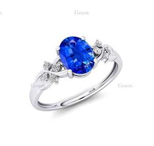 Bague de mariage solitaire en or 18 carats avec saphir bleu ovale et halo de diamants naturels, certifiée IGI, 0,12 ct, 8 diamants, plaquée rhodium - Product Image 4