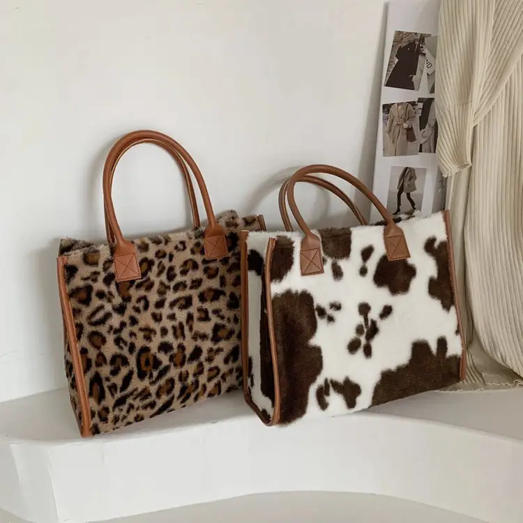 Wholesale New Stylish Top Handle Bags Women Cowhide Bags Leather Bottom Purse Ladies Leopard Fluffy Tote Bag