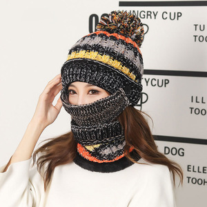 Winter Knitted Hat Scarf Mask Set Women Windproof Warm Neck Protector Cycling Outdoor Wear Fleece Lined Woolen Hat Adult Female - Product Image 1