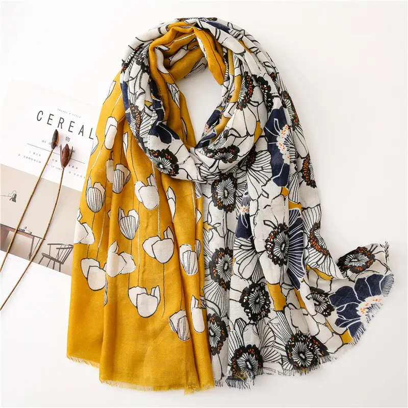 Wholesale 2021 Latest Womens Foil Print Scarf Fashion Yellow Sunflower Printed Twill Cotton Linen Scarf