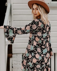 SRJ EXPORTS Eco-Friendly Breathable Plus Size Bohemian Floral Print Chiffon <b>Mini</b> Dress O-Neck <b>Lantern</b> Sleeve Loose Fit Women's - Product Image 4
