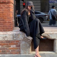 Automne hiver femmes décontracté col en v pull tricoté laine haut et jupe paresseux Style pull robe deux pièces ensemble