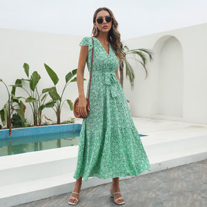 <span class=keywords><strong>Robe</strong></span> <span class=keywords><strong>longue</strong></span> maxi décontractée en polyester, été, vert menthe, imprimé floral, en mousseline, col en V, coupe trapèze, volants, manches courtes, ceinture empire - Product Image 2