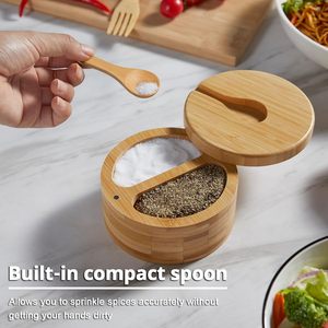 Contenedor de bambú redondo 2 en 1 ecológico, soporte para especias dividido, caja de madera para <span class=keywords><strong>sal</strong></span> y pimienta <span class=keywords><strong>con</strong></span> tapa magnética - Product Image 6