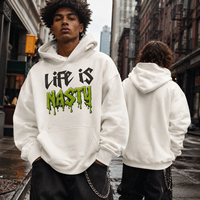 Hoodie Streetwear Heavyweight dengan Logo Grafis Custom, Sablon Berkualitas Tinggi, OEM, MOQ Rendah, 380GSM, Putih, Oversized, Model Pullover