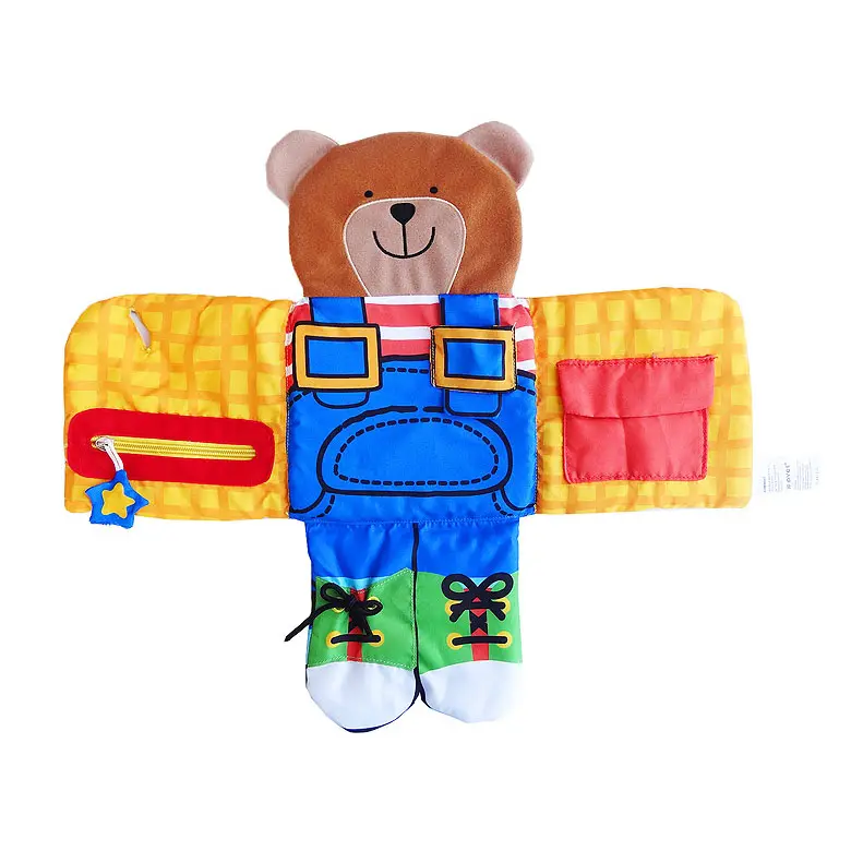 아기 옷 신발 끈을 착용하는 법을 배우고 부드러운 곰 패브릭 헝겊 책 아기 장난감을 지퍼로 올리십시오.