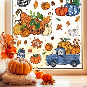 Autocollants décoratifs double face à adsorption, inspirés des vergers, pour fenêtres en PVC, avec motifs <span class=keywords><strong>Citrouille</strong></span> de Thanksgiving, Orange, Feuille d'érable et Camion bleu - Product Image 1