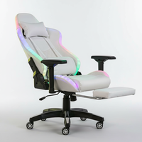 Chaise de jeu en cuir blanc avec LED RGB, hauteur réglable, base pivotante électrique, matériau PU, utilisation au bureau