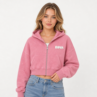 Sweat-shirt zippé en molleton délavé rose pour femme KOVA avec patch en chenille à motif bulles et éclaboussures d'encre sur la poitrine