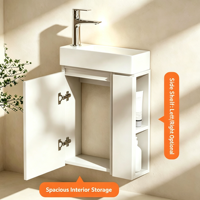 Meuble-lavabo mural compact et étroit pour salle de bain, avec vasque intégrée et étagère latérale ouverte