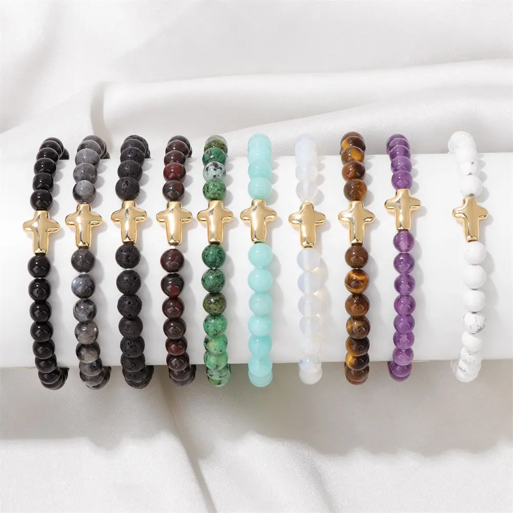 6mm Natural Stone Beads Cross Charm Bracelet Amethyst Tiger Eye Gemstone Beaded Elastic Bracelet for Men Women