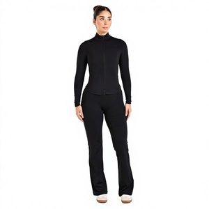 One Piece Yoga Jumpsuit Women Mock Neck Quarter Zip Long Sleeve Thumbhole Butt Lift Flare <b>Bell</b> Bottom Leggings Gym Activewear - Product Image 1
