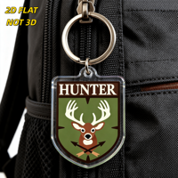 Porte-clés en acrylique mignon motif bouclier de chasseur, cerf de dessin animé et flèches croisées sur crête verte, breloque double face, accessoire d'aventure en plein air
