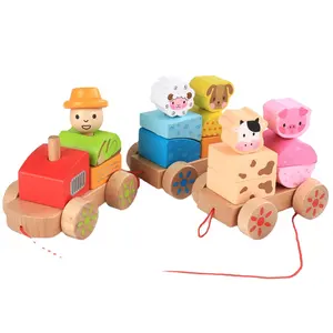 新款三节车厢木制火车积木婴儿拉火车玩具木制农场动物火车套装