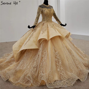 Abiti da Sposa di Lusso con Collo a O Dorato, Maniche Lunghe in Pizzo con Perline, Abiti da Cerimonia, Abiti per Quinceañera - Product Image 2