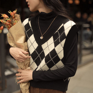 <span class=keywords><strong>Chaleco</strong></span> de Punto con Diseño de Diamantes para <span class=keywords><strong>Mujer</strong></span>, Primavera y Otoño, Estilo Francés Vintage, Cuello en V, Estilo Holgado, Tejido Dobby - Product Image 3
