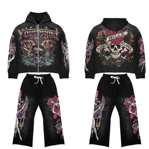Survêtement unisexe noir imprimé à capuche avec fermeture éclair, manches longues, motif tête de mort, streetwear, coupe ample, pour adulte, tenue décontractée d'automne - Product Image 4