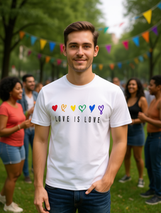 T-shirt da uomo bianca con slogan 'Pride' e 'Love Is Love', motivo cuore arcobaleno, casual, a manica corta, girocollo, taglie forti, abbigliamento inclusivo, lavabile in lavatrice - Product Image 2