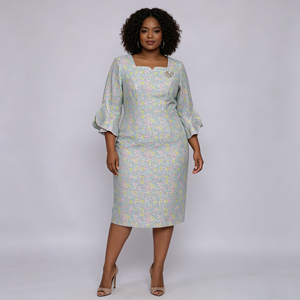 Robe fourreau élégante à imprimé floral avec manches à volants, col carré, longueur genou, ajustée, style formel pour femme, collection printemps - Product Image 2