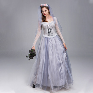 Robe de mariée fantôme pour femmes, Costume de Cosplay, robe en Tulle à manches longues avec voile et couronne de fleurs pour jeu de rôle en soirée d'halloween - Product Image 4