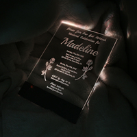 Invitación personalizada de acrílico transparente LED con texto grabado y seis efectos de iluminación diferentes para Bodas de moda
