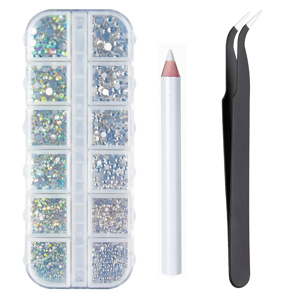Jc caixa de cristal com 12 espaços para decoração, conjunto de ferramentas para arte em unhas, de vidro, com strass e lápis