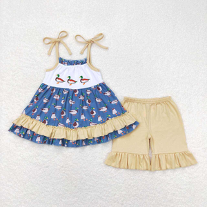 Ensemble short et robe à volants pour bébé garçon, broderie canard assortie pour frères et sœurs, tenue d'été en gros - Product Image 3