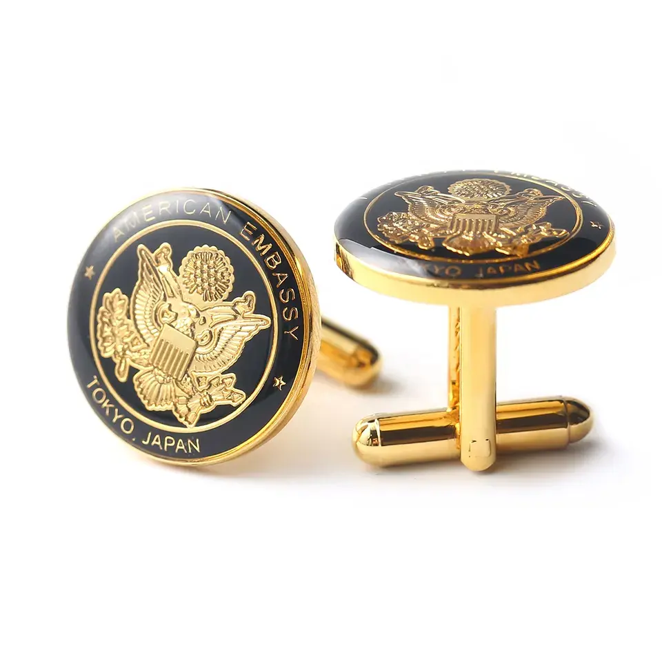 Unique design high quality Brass metal 3D gold logo Custom enamel cufflinks Printed Epoxy Man Cuff links with Gift box