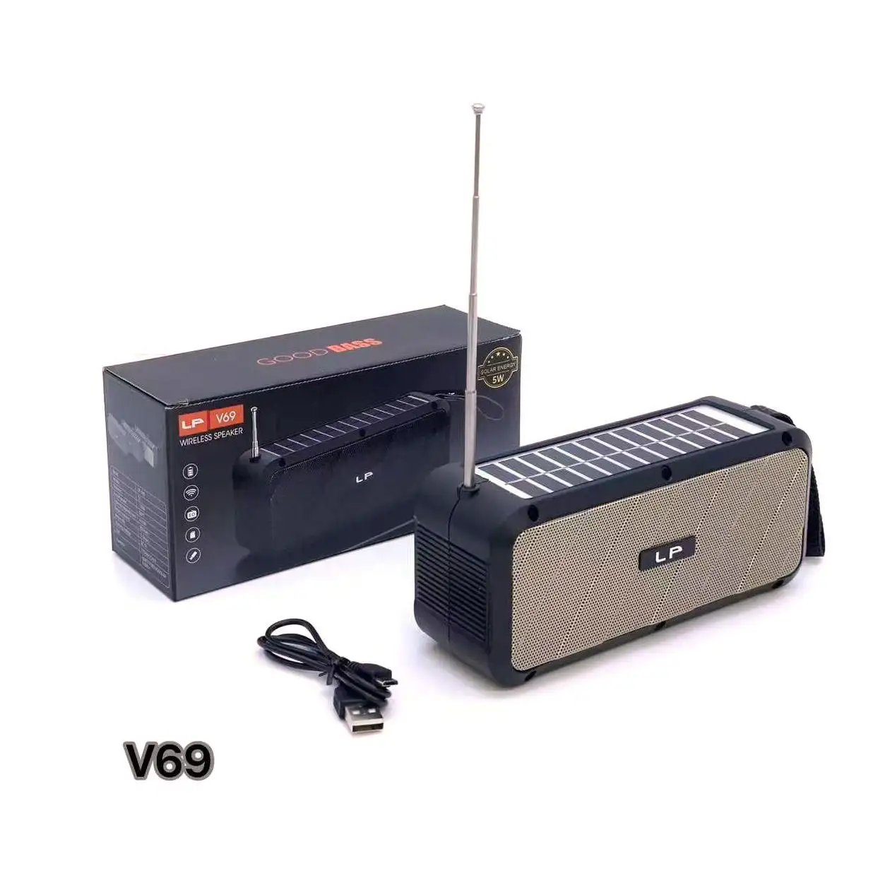 LP-V69 Solar powered Mini speaker Portable Wireless with FM Radio Portable stereo woofer active BT Speaker with FM radio