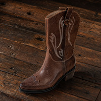 Bottes mi-mollet vintage en cuir de vachette style western pour femme, à enfiler, à revers épais et bout pointu