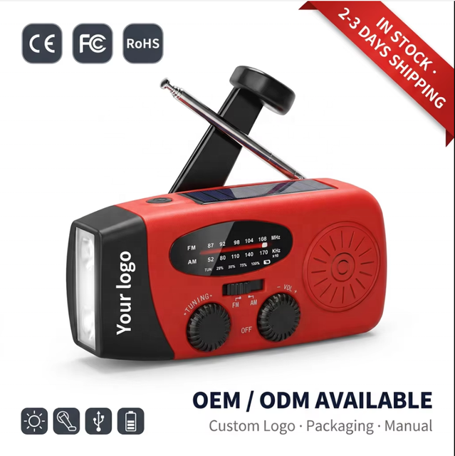 Custom Logo 6-In-1 Solar Hand Crank Emergency Radio CE FCC RoHS Certified 2000mAh Power Bank LED Flashlight FBA Ready